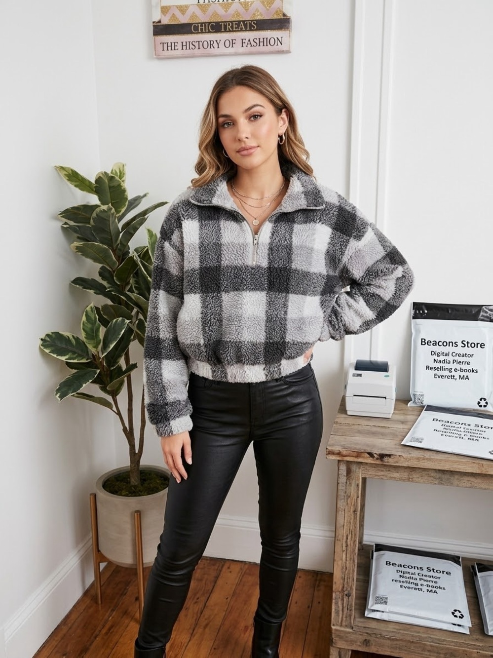 Zaful Gray and White Plaid Sherpa Half-Zip Jacket size S